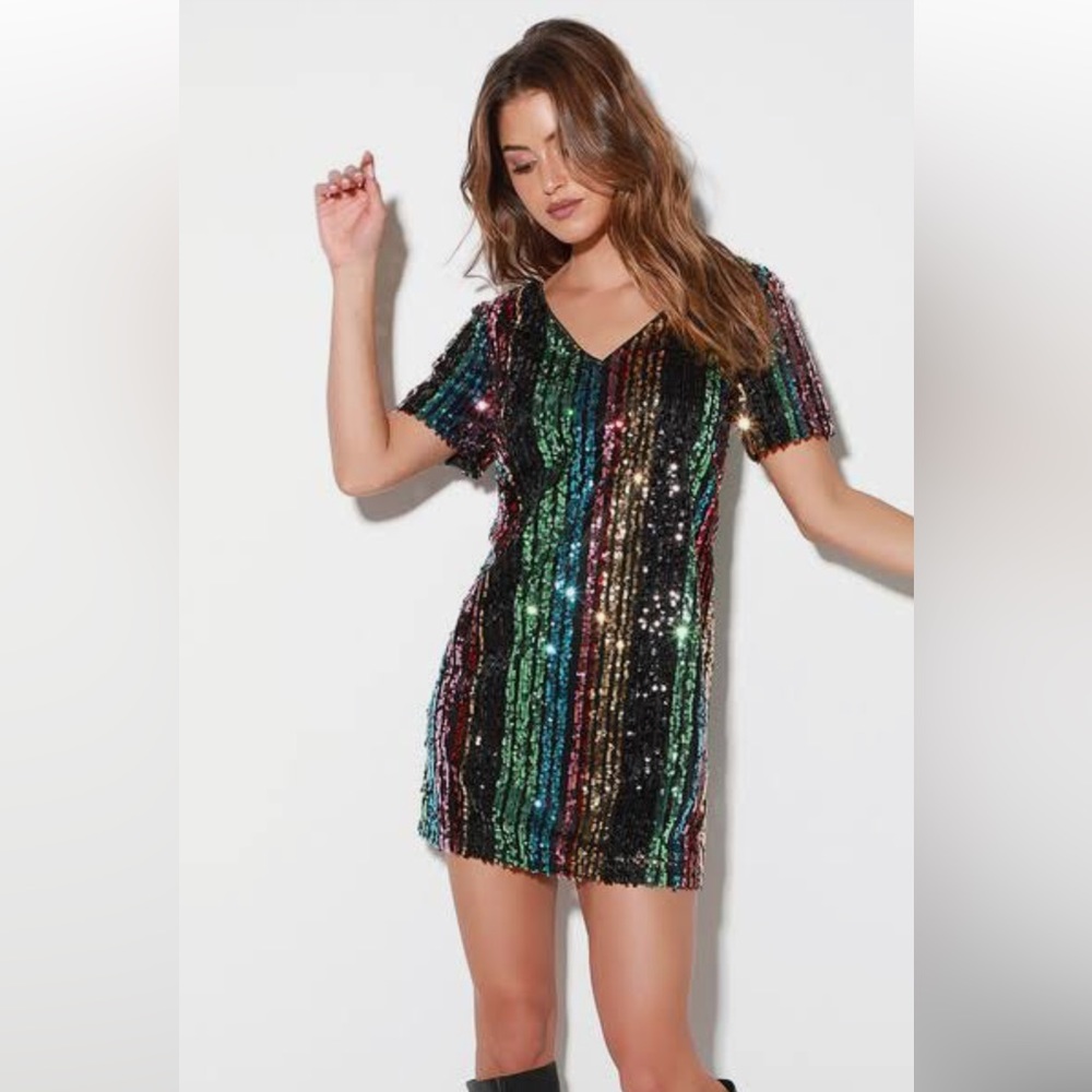 Lulu’s Firework Wonders Multi Color Striped Sequin Shift Dress, Large